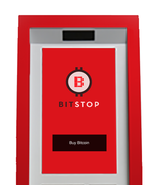 Existing Bitstop GenMega Bitcoin ATM with red branded vinyl wrap