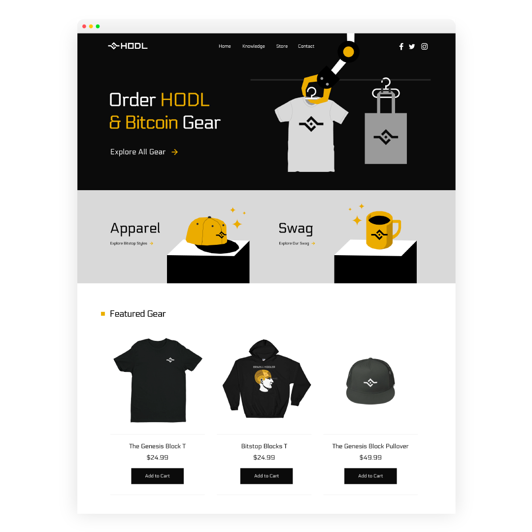 HODL Wallet branded merchandise designs in multiple languages