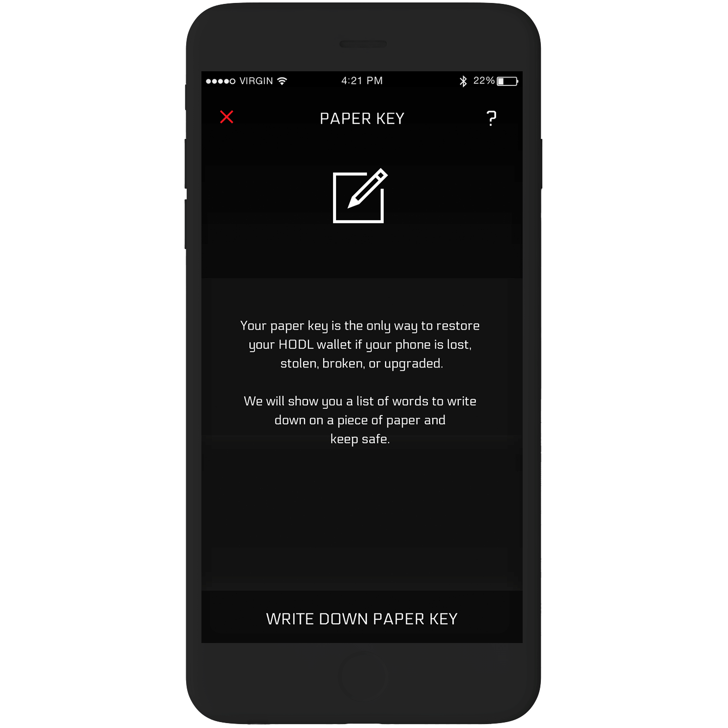 Animated walkthrough of HODL Wallet recovery key setup flow